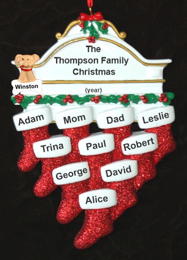 Family Christmas Ornament Hung with Care for 10 with Dogs, Cats, Pets Custom Added Personalized FREE at PersonalizedOrnamentsMarket.com by Russell Rhodes