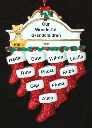 Grandparents Christmas Ornament Hung with Care 10 Grandkids with Dogs, Cats, Pets Custom Added Personalized FREE at PersonalizedOrnamentsMarket.com by Russell Rhodes