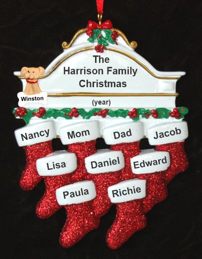 Family Christmas Ornament Hung with Care for 9 with Dogs, Cats, Pets Custom Added Personalized FREE at PersonalizedOrnamentsMarket.com by Russell Rhodes