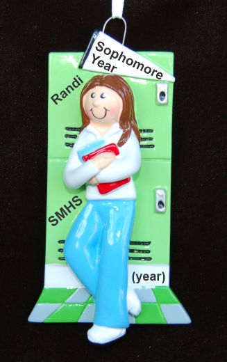 Sophomore Year High School Christmas Ornament Female Brunette Personalized FREE at PersonalizedOrnamentsMarket.com by Russell Rhodes