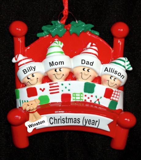 Family Christmas Ornament Snug in Bed for 4 with Dogs, Cats, Pets Custom Added Personalized FREE at PersonalizedOrnamentsMarket.com by Russell Rhodes