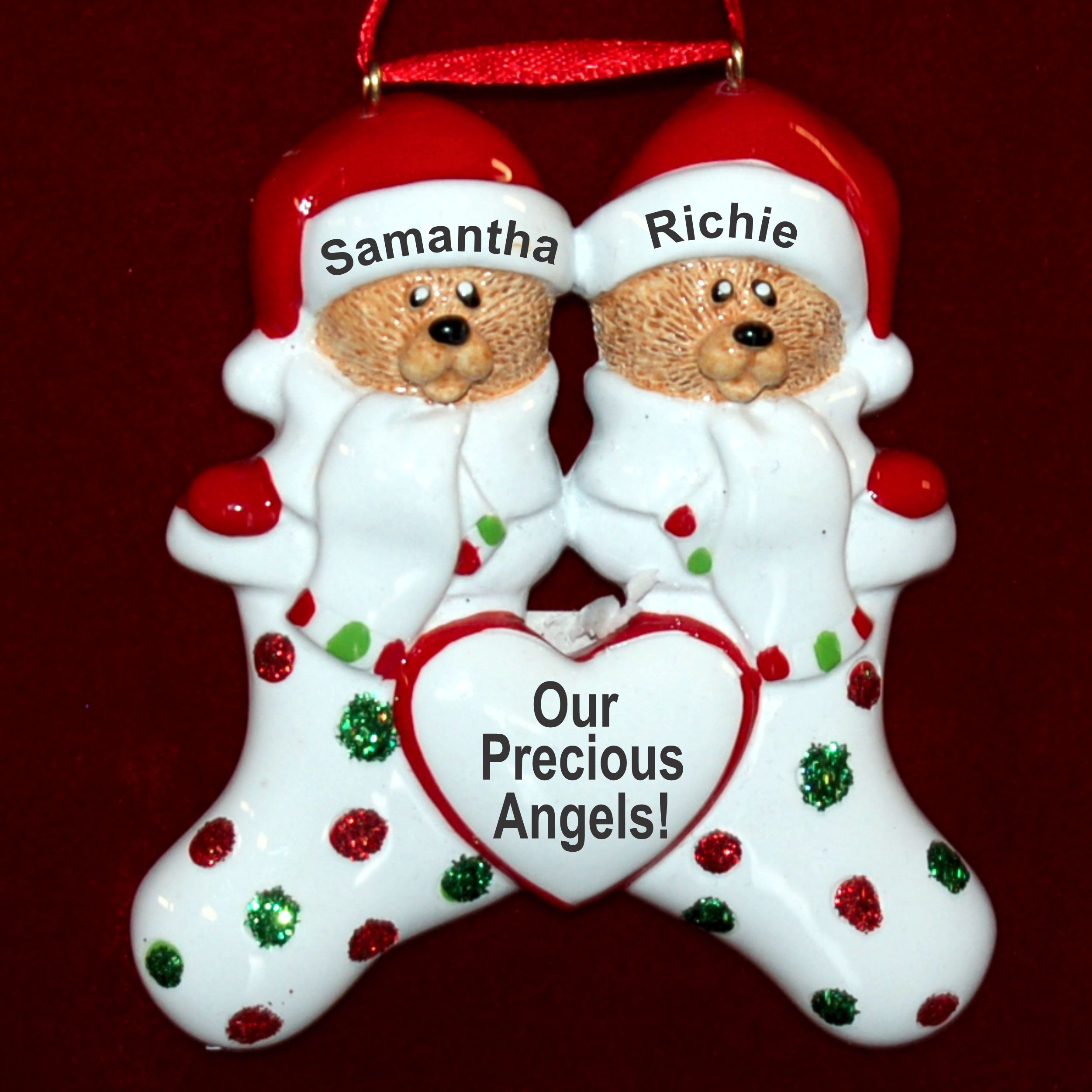 Twins Christmas Ornament Stocking Cute Personalized FREE at PersonalizedOrnamentsMarket.com by Russell Rhodes