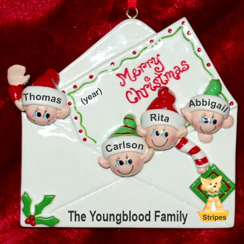 Seasons Greetings Family Christmas Ornament for 4 with Pets Personalized by RussellRhodes.com