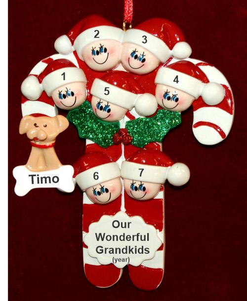 Grandparents Christmas Ornament Candy Canes for 7 Grandkids with Pets Personalized by RussellRhodes.com