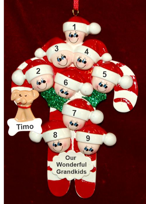 Grandparents Christmas Ornament Candy Canes for 9 Grandkids with Pets Personalized by RussellRhodes.com