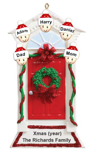 Family Christmas Ornament Red Door with Wreath for 5 Personalized by RussellRhodes.com