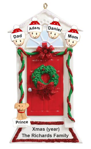 Family Christmas Ornament Red Door with Wreath for 4 with Pets Personalized by RussellRhodes.com