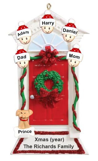 Family Christmas Ornament Red Door with Wreath for 5 with Pets Personalized by RussellRhodes.com