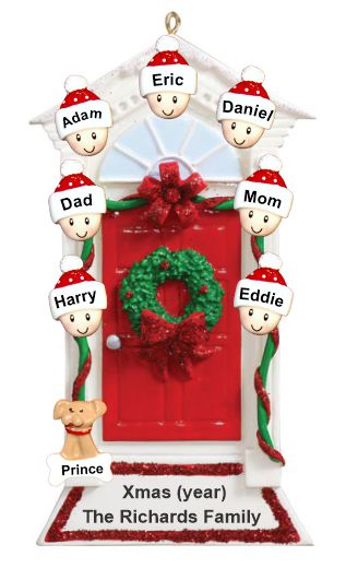 Group or Family Christmas Ornament Red Door with Wreath for 7 with Pets Personalized by RussellRhodes.com