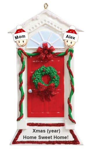 Single Mom Ornament Red Door with Wreath Mom & 1 Child Personalized by RussellRhodes.com