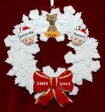 Grandparents Christmas Ornament Celebration Wreath Red Bow 2 Grandkids with 1 Dog, Cat, or Other Pet Personalized FREE at PersonalizedOrnamentsMarket.com by Russell Rhodes