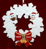 Grandparents Christmas Ornament Celebration Wreath Red Bow 2 Mixed Race Grandkids 1 Dog, Cat, or Other Pet Personalized FREE at PersonalizedOrnamentsMarket.com by Russell Rhodes