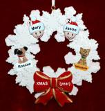 Couples Christmas Ornament Celebration Wreath Red Bow & 2 Dogs, Cats, Pets Custom Add-ons Personalized FREE at PersonalizedOrnamentsMarket.com by Russell Rhodes