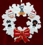 Couples Christmas Ornament Celebration Wreath Red Bow & 3 Dogs, Cats, Pets Custom Add-ons Personalized FREE at PersonalizedOrnamentsMarket.com by Russell Rhodes