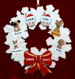 Couples Christmas Ornament Celebration Wreath Red Bow & 4 Dogs, Cats, Pets Custom Add-ons Personalized FREE at PersonalizedOrnamentsMarket.com by Russell Rhodes