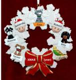 Couples Christmas Ornament Celebration Wreath Red Bow & 5 Dogs, Cats, Pets Custom Add-ons Personalized FREE at PersonalizedOrnamentsMarket.com by Russell Rhodes