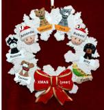 Couples Christmas Ornament Celebration Wreath Red Bow & 6 Dogs, Cats, Pets Custom Add-ons Personalized FREE at PersonalizedOrnamentsMarket.com by Russell Rhodes