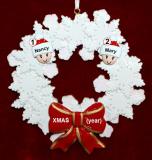 Lesbian Couple Christmas Ornament Celebration Wreath Red Bow Personalized FREE at PersonalizedOrnamentsMarket.com by Russell Rhodes