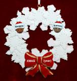 Mixed Race Couple Christmas Ornament Celebration Wreath Red Bow Personalized FREE at PersonalizedOrnamentsMarket.com by Russell Rhodes