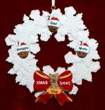 African American Grandparents Christmas Ornament 3 Grandkids Celebration Wreath Red Bow 1 Dog, Cat, or Other Pet Personalized FREE at PersonalizedOrnamentsMarket.com by Russell Rhodes