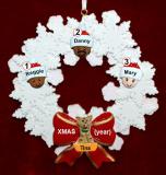 Grandparents Christmas Ornament Celebration Wreath Red Bow 3 Mixed Race Grandkids Personalized FREE at PersonalizedOrnamentsMarket.com by Russell Rhodes