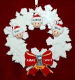 Family Christmas Ornament for 3 Celebration Wreath Red Bow 1 Dog, Cat, or Other Pet Personalized FREE at PersonalizedOrnamentsMarket.com by Russell Rhodes