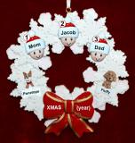 Family Christmas Ornament for 3 Celebration Wreath Red Bow 2 Dogs, Cats, Pets Custom Add-ons Personalized FREE at PersonalizedOrnamentsMarket.com by Russell Rhodes