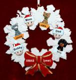 Family Christmas Ornament for 3 Celebration Wreath Red Bow 3 Dogs, Cats, Pets Custom Add-ons Personalized FREE at PersonalizedOrnamentsMarket.com by Russell Rhodes