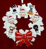 Family Christmas Ornament for 3 Celebration Wreath Red Bow 4 Dogs, Cats, Pets Custom Add-ons Personalized FREE at PersonalizedOrnamentsMarket.com by Russell Rhodes