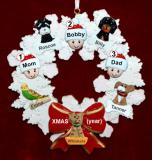 Family Christmas Ornament for 3 Celebration Wreath Red Bow 5 Dogs, Cats, Pets Custom Add-ons Personalized FREE at PersonalizedOrnamentsMarket.com by Russell Rhodes