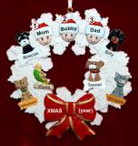 Family Christmas Ornament for 3 Celebration Wreath Red Bow 6 Dogs, Cats, Pets Custom Add-ons Personalized FREE at PersonalizedOrnamentsMarket.com by Russell Rhodes