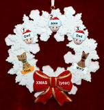 Gay Couple Christmas Ornament 1 Child Celebration Wreath Red Bow 2 Dogs, Cats, Pets Custom Add-ons Personalized FREE at PersonalizedOrnamentsMarket.com by Russell Rhodes