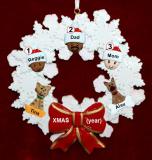 Mixed Race Family  Christmas Ornament for 3 Celebration Wreath Red Bow 2 Dogs, Cats, Pets Custom Add-ons Personalized FREE at PersonalizedOrnamentsMarket.com by Russell Rhodes