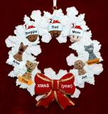 Mixed Race Family  Christmas Ornament for 3 Celebration Wreath Red Bow 4 Dogs, Cats, Pets Custom Add-ons Personalized FREE at PersonalizedOrnamentsMarket.com by Russell Rhodes