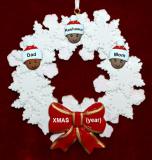 Mixed Race Family of 3 Christmas Ornament Celebration Wreath Red Bow Personalized FREE at PersonalizedOrnamentsMarket.com by Russell Rhodes