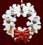 African American Black Family Christmas Ornament for 4 Celebration Wreath Red Bow 3 Dogs, Cats, Pets Custom Add-ons Personalized FREE at PersonalizedOrnamentsMarket.com by Russell Rhodes