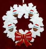 African American Black Family of 4 Christmas Ornament Celebration Wreath Red Bow Personalized FREE at PersonalizedOrnamentsMarket.com by Russell Rhodes