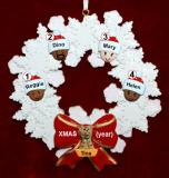 Grandparents Christmas Ornament Celebration Wreath Red Bow 4 Mixed Race Grandkids 1 Pet Personalized FREE at PersonalizedOrnamentsMarket.com by Russell Rhodes