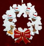 Grandparents Christmas Ornament Celebration Wreath Red Bow 4 Mixed Race Grandkids 2 Pets Personalized FREE at PersonalizedOrnamentsMarket.com by Russell Rhodes