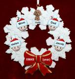 Family Christmas Ornament for 4 Celebration Wreath Red Bow 1 Dog, Cat, or Other Pet Personalized FREE at PersonalizedOrnamentsMarket.com by Russell Rhodes