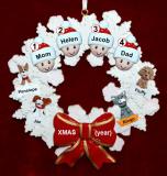 Family Christmas Ornament for 4 Celebration Wreath Red Bow 4 Dogs, Cats, Pets Custom Add-ons Personalized FREE at PersonalizedOrnamentsMarket.com by Russell Rhodes