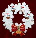 Mixed Race Family  Christmas Ornament for 4 Celebration Wreath Red Bow 1 Dog, Cat, or Other Pet Personalized FREE at PersonalizedOrnamentsMarket.com by Russell Rhodes