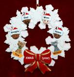 Mixed Race Family  Christmas Ornament for 4 Celebration Wreath Red Bow 2 Dogs, Cats, Pets Custom Add-ons Personalized FREE at PersonalizedOrnamentsMarket.com by Russell Rhodes