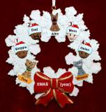 Mixed Race Family  Christmas Ornament for 4 Celebration Wreath Red Bow 3 Dogs, Cats, Pets Custom Add-ons Personalized FREE at PersonalizedOrnamentsMarket.com by Russell Rhodes