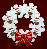 African American Black Family of 5 Christmas Ornament Celebration Wreath Red Bow Personalized FREE at PersonalizedOrnamentsMarket.com by Russell Rhodes