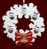 Grandparents Christmas Ornament Celebration Wreath Red Bow 5 Mixed Race Grandkids Personalized FREE at PersonalizedOrnamentsMarket.com by Russell Rhodes