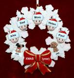 Family Christmas Ornament for 5 Celebration Wreath Red Bow 2 Dogs, Cats, Pets Custom Add-ons Personalized FREE at PersonalizedOrnamentsMarket.com by Russell Rhodes