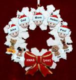 Family Christmas Ornament for 5 Celebration Wreath Red Bow 4 Dogs, Cats, Pets Custom Add-ons Personalized FREE at PersonalizedOrnamentsMarket.com by Russell Rhodes