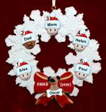 Mixed Race Family Christmas Ornament for 5 Celebration Wreath Red Bow 1 Dog, Cat, or Other Pet Personalized FREE at PersonalizedOrnamentsMarket.com by Russell Rhodes