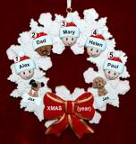 Mixed Race Family Christmas Ornament for 5 Celebration Wreath Red Bow 2 Dogs, Cats, Pets Custom Add-ons Personalized FREE at PersonalizedOrnamentsMarket.com by Russell Rhodes